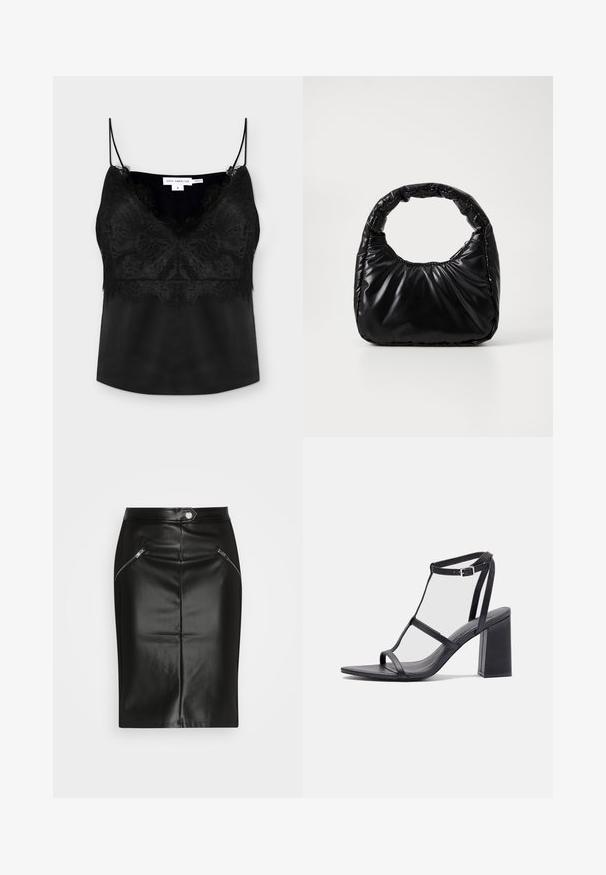 Camisola de satén negro con borde de encaje, tirantes finos y ajustables y escote en V, talla pequeña, etiquetada Good American.; Falda lápiz de cuero negro con una textura suave, que presenta dos bolsillos con cremallera en el frente y una silueta ajustada.; Sandalias de tacón negro con puntera cuadrada y tacón bloque. Cuentan con tiras finas y una hebilla ajustable en el tobillo. Textura de cuero suave.; Bolso negro acolchado con un asa redondeada, que presenta una superficie lisa y brillante y una textura suave y acolchada. Sin herrajes ni acentos visibles.