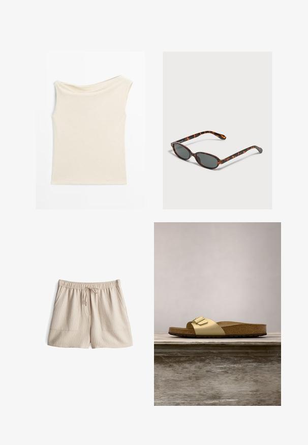 Ärmelloses beiges Top mit asymmetrischem Bootsausschnitt, aus weichem Strickstoff, flach auf weißem Hintergrund liegend dargestellt.; Beige Shorts mit elastischem Bund und Kordelzug, aus strukturiertem Stoff mit zwei Fronttaschen. Mittlere Oberschenkel-Länge.; Goldfarbene synthetische Slide-Sandale mit einem einzigen Riemen und Schnallenakzent, ausgestattet mit einem braunen Korkfußbett und einer strukturierten Gummisohle.; Kleine ovale Sonnenbrille mit dunklen Gläsern auf einer hellgrauen Oberfläche liegend.