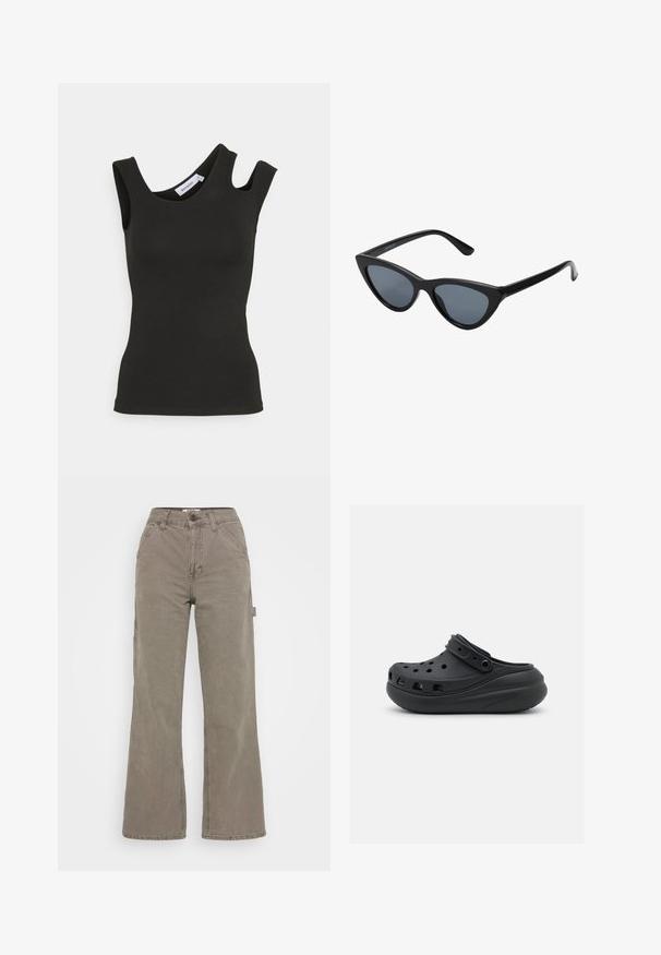 Weekday ZARI ASSYMETRIC - Μπλούζα - black; BDG Urban Outfitters CARPENTER - Παντελόνι - washed grey; Μαύρο καουτσούκ μποτάκι με αεριστικές τρύπες, ανυψωμένη φτέρνα και ρυθμιζόμενο λουρί. Λείος υφασμάτινος ιστός και στρογγυλή μορφή.; Μαύρα γυαλιά ηλίου cat-eye με σκούρους γκρίζους φακούς, κομψό πλαστικό σκελετό, μυτερές γωνίες και ίσιους βραχίονες. Χωρίς ορατό υλικό ή διακοσμητικά στοιχεία.