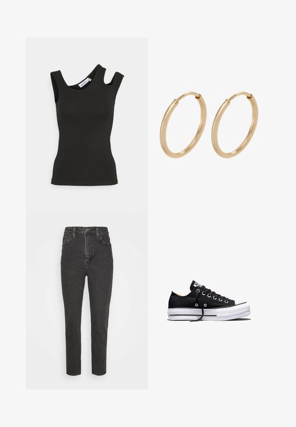 Weekday ZARI ASSYMETRIC - Top - black; Čierne džínsy s vysokým pásom a slim fit strihom, s gombíkovým zapínaním, pútkami na opasok a klasickým designom so piatimi vreckami.; Čierna nízka plátenná teniska s bielou platformovou podrážkou z gumy, čiernymi šnúrkami a kovovými očkami na bielom pozadí.; Zlaté kruhové náušnice s hladkým, lešteným povrchom. Zaoblený tvar, stredná veľkosť, vybavené bezpečným uzatváracím mechanizmom.