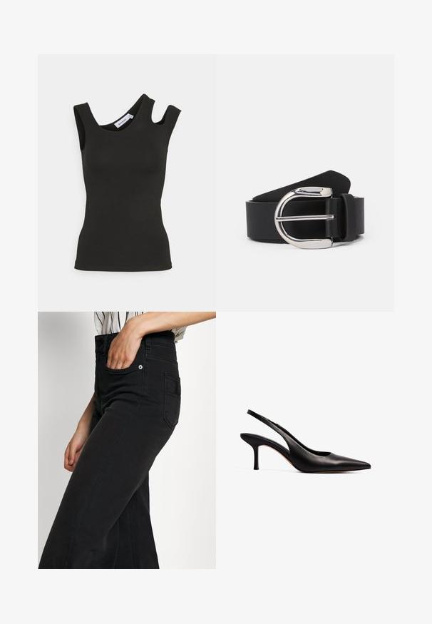 Weekday ZARI ASSYMETRIC - Top - black; Zwarte denim wijde pijpen jeans met een hoge taille, een voorzak en een achterzak met patch. Gladde textuur met minimale stiksel details.; NA-KD Klassieke pumps - black; Zwarte leren riem met een zilveren metalen gespan, met een gladde textuur en een klassiek ontwerp. De riem heeft een breedte van 3,8 cm.