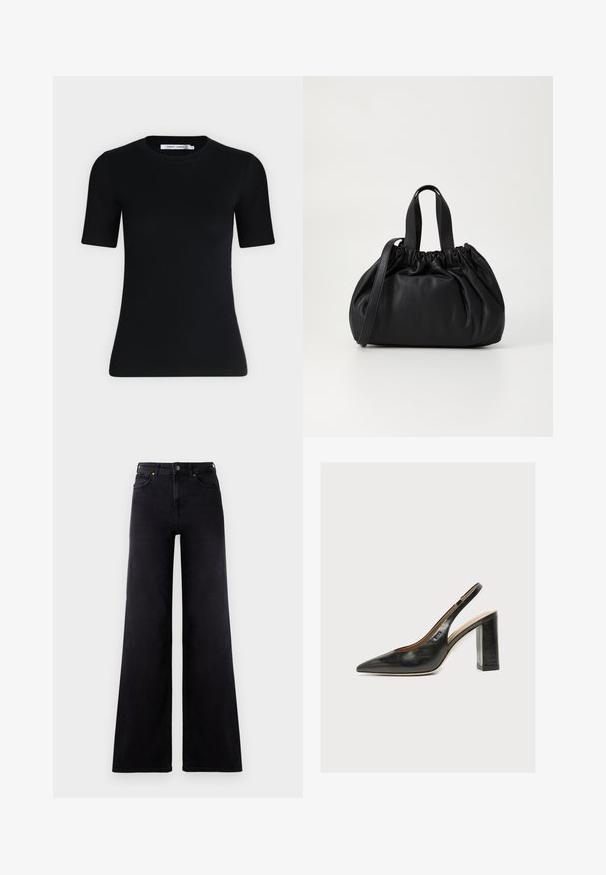Sort tætsiddende T-shirt med korte ærmer og rund halsudskæring, med et mærke indvendigt i kraven mod en ensartet lys baggrund.; Højtaljede sorte wide-leg jeans med frontlommer, bælteløkker og knappelukning.; Sort dameslingback pumpe i læder med spids tå og tyk høj blokhæl på hvid baggrund.; Sort læderhåndtaske med en samlet topdesign, der har to korte håndtag og en lang justerbar rem. Glat overflade, rund form.