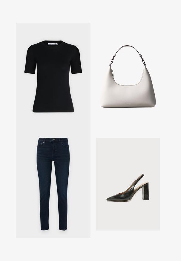 Sort tætsiddende T-shirt med korte ærmer og rund halsudskæring, med et mærke indvendigt i kraven mod en ensartet lys baggrund.; Mørk vaskede denimjeans med slim fit, der har fem-lomme design, knaplukning og subtile syningsdetaljer. Glat tekstur hele vejen igennem.; Sort dameslingback pumpe i læder med spids tå og tyk høj blokhæl på hvid baggrund.; Cremefarvet skuldertaske i læder fra Calvin Klein med buet topkant, sølvfarvet lynlås og mørkebrun justerbar rem.