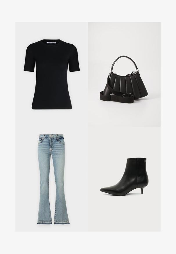 T-shirt noir ajusté à manches courtes avec un col rond et une étiquette à l'intérieur du col sur un fond clair uni.; Jean en denim bleu clair évasés, taille haute, coutures définies et ourlet effiloché. Le matériau paraît doux avec un design classique à cinq poches.; Bottine en cuir noir avec bout pointu et petit talon kitten sur fond clair, vue côté extérieur.; Sac à main plissé noir avec une poignée arrondie, une bandoulière réglable et une texture brillante. Présente des accessoires en argent et une silhouette structurée.