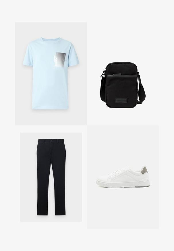 Camiseta de algodón azul claro con mangas cortas y escote redondo. Presenta un gráfico rectangular en blanco y negro en el lado izquierdo del pecho.; Chinos negros fabricados en tela de algodón, con piernas rectas, cierre de botón frontal y dos bolsillos laterales. Textura suave, con un diseño minimalista.; Zapatilla blanca con material de cuero liso, punta redonda, diseño minimalista, acento gris en el talón y suela de goma texturizada.; Bolso cruzado de tela negra con un compartimento principal con cremallera, acentos de cuero, bolsillo frontal y strap ajustable. Logo de Marc O'Polo visible.