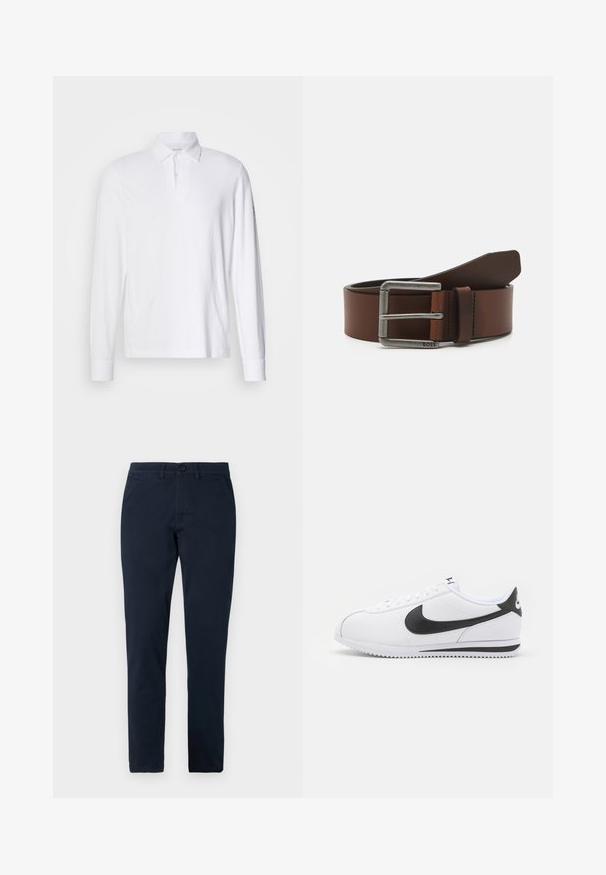 Witte lange mouwen polohemd met kraag en twee knopen, weergegeven op een lichtgrijze achtergrond.; Heren slim-fit zwarte broek met knoop- en ritsluiting aan de voorkant, riemlussen en zijzakken.; Witte leren sneakers met zwarte Nike swoosh, platte veters en een getextureerde rubberen zool. Ronde neus en gevoerde kraag voor comfort.; Bruine leren riem met een zilveren metalen gesp. Heeft een gladde textuur en nette randen, met een klein reliëflogo op de gesp.