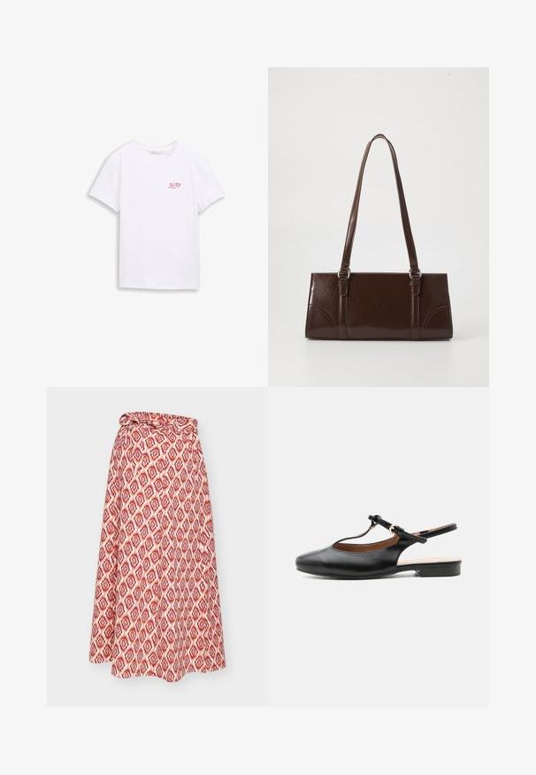 T-shirt blanc en coton à manches courtes avec un petit texte rouge et un motif de baies indiquant « Berry good friend » sur le côté gauche de la poitrine.; Jupe portefeuille rouge et blanche à motifs, avec une attache à la taille, présentant un design géométrique et une silhouette fluide.; Chaussure plate slingback en cuir noir avec bride en T et boucle dorée sur fond neutre.; Sac à main en cuir verni marron de forme rectangulaire, avec deux longues poignées et des accents courbés subtils à l'avant.