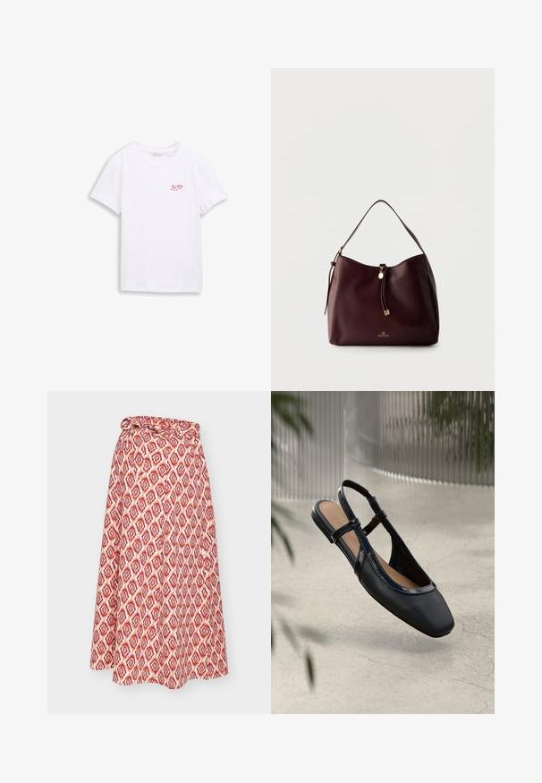 T-shirt blanc en coton à manches courtes avec un petit texte rouge et un motif de baies indiquant « Berry good friend » sur le côté gauche de la poitrine.; Jupe portefeuille rouge et blanche à motifs, avec une attache à la taille, présentant un design géométrique et une silhouette fluide.; Chaussure plate slingback en cuir noir avec un orteil carré, dotée d'un fini verni brillant et de sangles ajustables pour un maintien sécurisé.; Sac à épaule en cuir marron foncé avec un pompon tressé, des accents dorés et le logo Anna Field à l'avant, sur un fond clair uni.