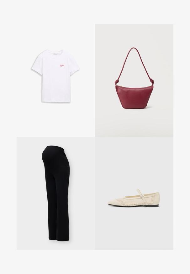 Witte katoenen T-shirt met korte mouwen met kleine rode tekst en een bessenafbeelding met de tekst "Berry good friend" op de linkerborst.; Zwarte rekbare zwangerschapsbroek met een hoge tailleband, ontworpen om comfortabel over een zwangere buik te passen.; Beige ballerina's met een spitse neus, een overlay van gaasontwerp en een zijgesp voor het vastzetten. Platte zool met een gladde textuur.; Kleine bordeauxrode leren schoudertas met geknoopte riem en ritssluiting aan de bovenkant tegen een effen lichte achtergrond.