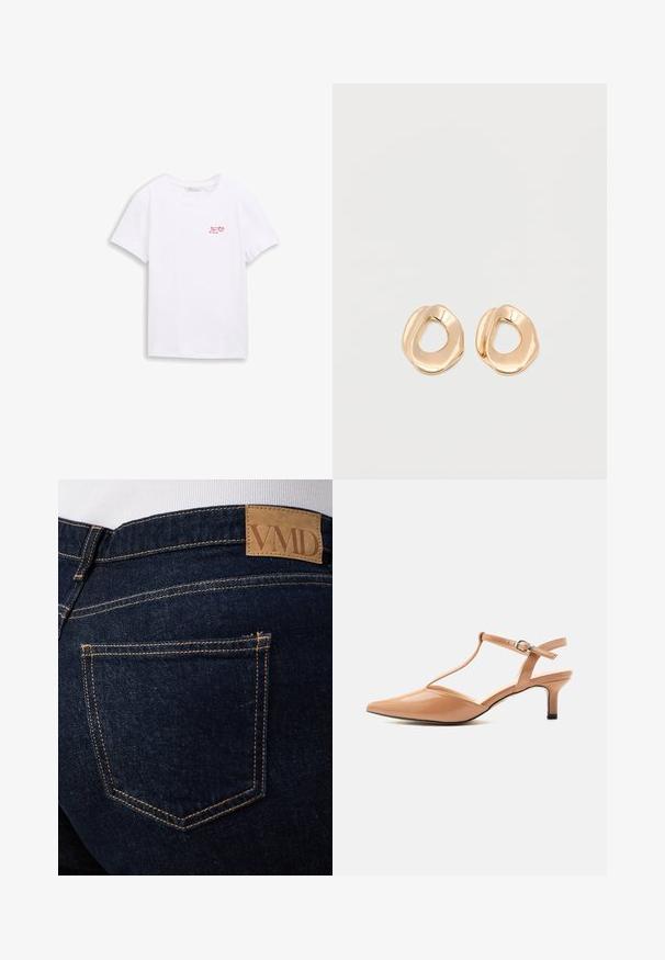 Hvid kortærmet bomulds-T-shirt med lille rød tekst og bærgrafik med teksten "Berry good friend" på venstre bryst.; Mørkeblå denimjeans med synlige orange syninger og en brun læderlap med mærket "VMD" over den bageste højre lomme.; Beige laklæder sko med spids tå, kitten heel, T-rem og justerbar spænde på en hvid baggrund.; Par af uregelmæssigt formede, polerede øreringe i guldfarvet metal med åben midte på en ens hvid baggrund.