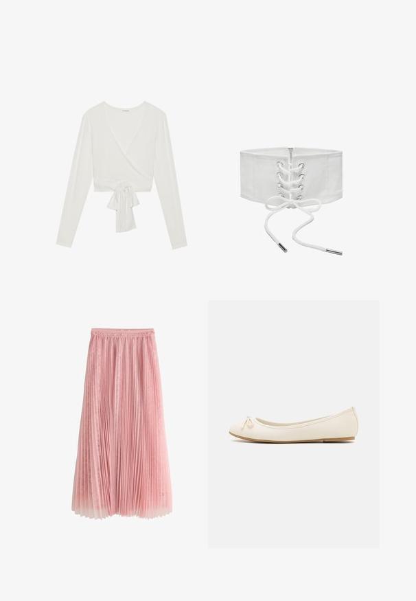 Hvid langærmet omslagstop med en v-halsudskæring og en knyttet frontdetalje. Fremstillet af blødt stof, har en cropped design. Glat tekstur.; Rosa plisseret midi-nederdel med et lag af blonder under og en rynket talje, vist på en hvid baggrund.; Balletflade i crèmefarve med en rund tå, en lille sløjfedetalje foran og en struktureret beige sål. Glat syntetisk materiale.; Bredt hvidt korsetbælte med frontsnøring, metaløjer og lynlåslukning, vist mod en ensfarvet hvid baggrund.