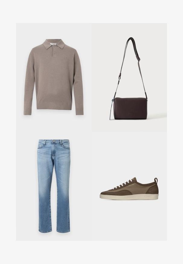 Grijs gebreid polo sweater met een kraag, twee knopen en geribbelde manchetten en zoom, met een subtiele logo op de borst.; Lichtblauwe denim jeans met een recht gesneden design. Kenmerken zijn een sluiting met een frontknop en een vijf-pocket stijl met een lichte vervaging.; Lage bruine sneaker met witte veters, beige zool, bovenwerk van stof en suède, zijlus en "Tiger of Sweden" logo in gouden tekst.; Donkerbruine gestructureerde leren crossbodytas met verstelbare riem en klein decoratief blauw accent aan de zijkant.