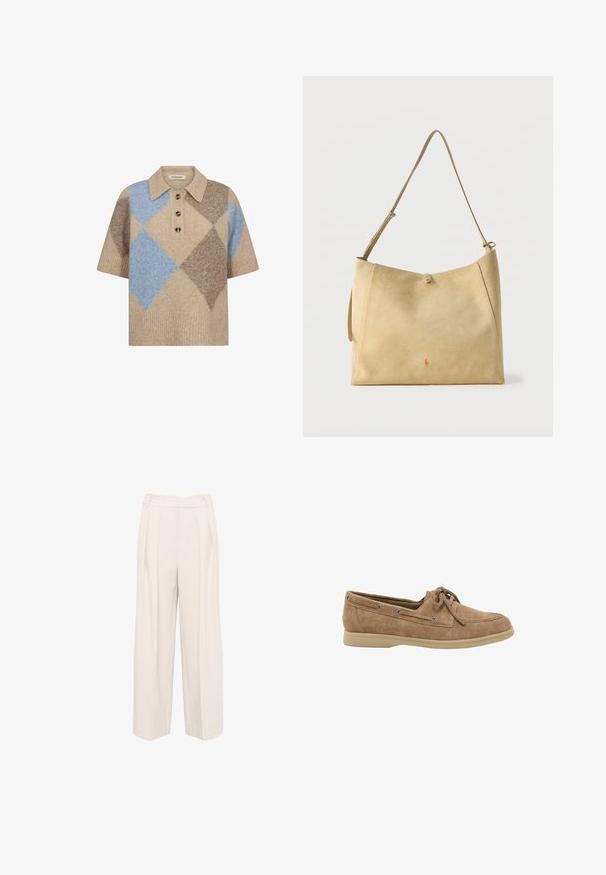 Jersey tipo polo de punto de manga corta con patrón de rombos en beige, marrón y azul, y tres botones en la parte delantera.; Pantalones de pierna ancha en un color beige claro. Confeccionados en una tela suave y texturizada, con doble pinza y un diseño de cintura alta.; Mocasín para hombre de ante marrón claro con detalle de cordones y suela de goma beige, mostrado de perfil sobre fondo blanco.; Bolso de hombro de ante beige con correa ajustable y pequeño logo naranja cerca del centro inferior, fondo liso.