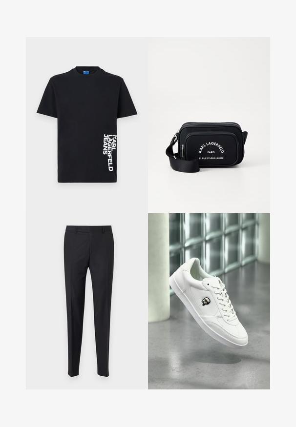 Must lühikeste varrukatega T-särk ümara kaelusega, mille alumise parempoolse osa lähedal on valgete trükitähtedega "KARL LAGERFELD JEANS".; Mustad mustad püksid, mis on hoolikalt lõigatud, tasasel ees, volditud jalgadega; valmistatud siledast kangast, vöökohtadega ja tõmblukuga.; Valged madala säärega tossud paeladega, must-valge kolju logo küljel, hõljuvad läikiva betoonpõranda kohal klaasplokkseinaga lähedal.; Must värvi nailonist õlakott valgete tekstide ja brändimisega, millel on lukuga tasku ja reguleeritav rihm. Ristkülikukujuline kuju ja sile tekstuur.