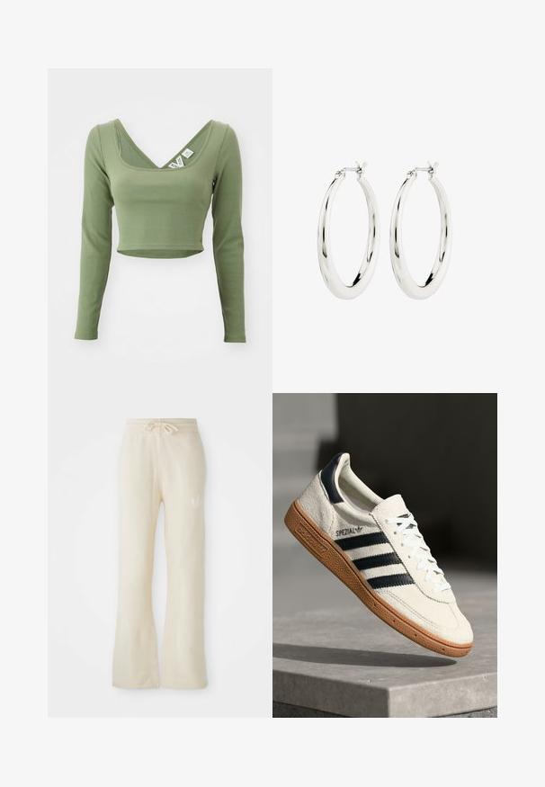 Khaki grøn, langærmet cropped top med ribbet tekstur og bred udskæring. Mærker synlige ved kraven.; Cremefarvede sweatpants med en blød tekstur, featuring en snoretræk i taljen og flair ben. Diskret logo detalje på venstre hofte.; Hvide ruskinds sneakers med marineblå striber, gummisål, struktureret overdel, rund tå og snøring; har branding på siden og tungen.; Sølvøreringe i form af hoops med en glat, blank finish. Cirkulær form, der har en sikker lås. Simpelt og elegant design.