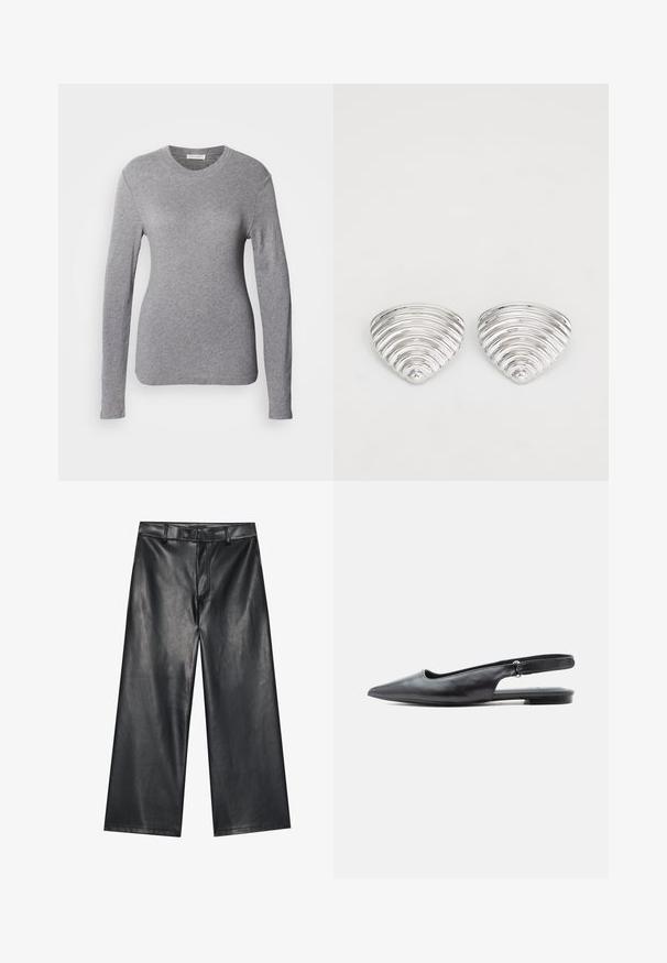 Chemise à manches longues grise en tissu doux, dotée d'un col rond et d'un design ajusté. Texture lisse sans motifs ni accents visibles.; Pantalons en cuir noir largement coupés avec une texture lisse, des passants de ceinture et une fermeture éclair à l'avant. Présente un ajustement lâche et des détails de couture soignés.; Chaussure plate en cuir noir à bout pointu, bride arrière avec talon bas et bride ajustable sur fond clair.; Boucles d'oreilles en argent avec un design ondulé et texturé, en forme de croissants superposés ; la finition polie accentue les qualités réfléchissantes.