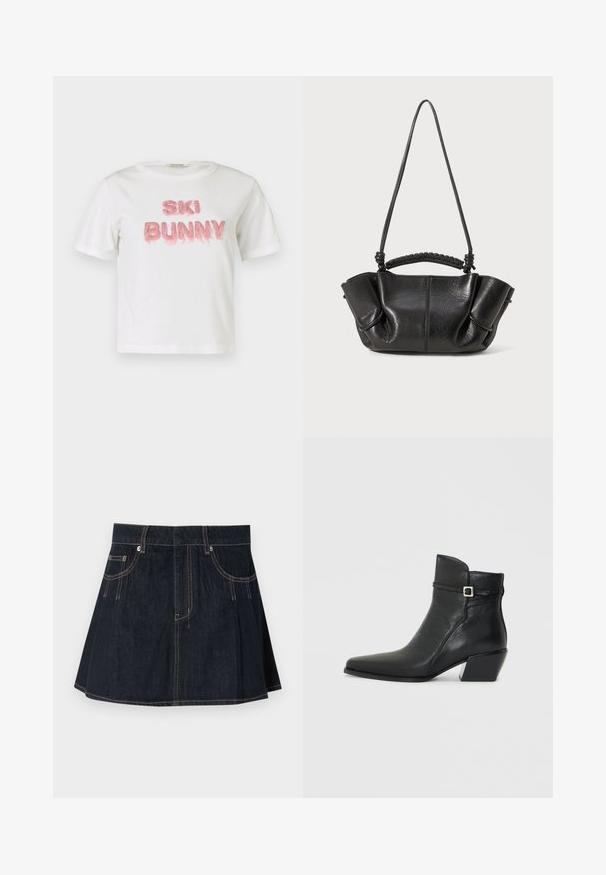 Hvid bomulds-t-shirt med "SKI BUNNY" i hævet pink plys-tekst. Kortærmet og med rund hals.; Denimnederdel i mørkeblå, med en flagrende design, bæltestropper, forvægspockets og kontraststing langs sømmene.; Sorte læder ankelstøvler med spids tå, en lav blokhæl og en dekorativ rem med en sølvspænde accent. Glat tekstur.; Sort lædertaske med en struktureret overflade, bløde folder, dobbelte stropper og vævet detalje på håndtaget. Kompakt, med en åben-top design.