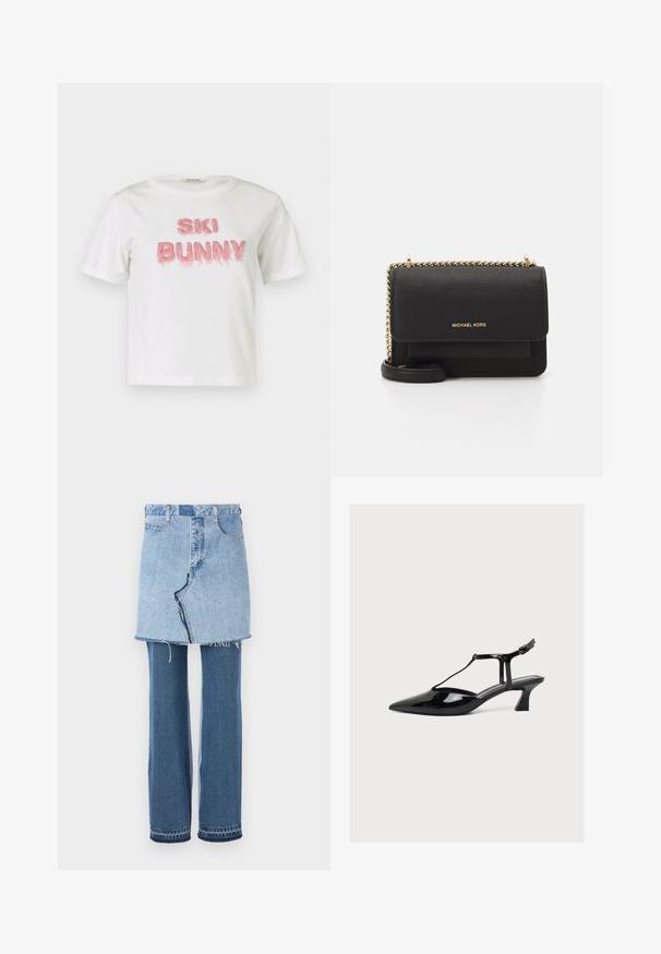 Hvid bomulds-t-shirt med "SKI BUNNY" i hævet pink plys-tekst. Kortærmet og med rund hals.; Denim beklædning, der kombinerer en lys blå miniskørt ovenfor og mørkeblå udvidede jeans nedenfor; har frynset kant og klassisk denimtekstur.; Sort laklæder sko med lav hæl, spids tå, T-rem og spænde lukning på lys neutral baggrund.; Sorte læder crossover taske med struktureret finish, gylden kædestrop, klaplukning og prægede logo på forsiden.