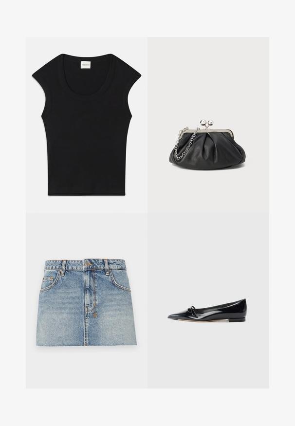 Must have mustamustelisest kangast sleeveless top, ümarate kaelustega ja sobiva lõikega. Kaeluses on silt, mille peal on kirjas "CLOSED".; Hele kerge sinine teksaseelik, millel on sobiv talje, ees nupuga kinni keeratav ja kaks külgtaskut. Omab tooreid servu ja kontrastset õmblust.; Must have musta musta tume patendiga naha korter king, millel on terav nina, väike dekoratiivne rihm ja madal plokknõel. Sile tekstuur ja elegantses disain.; Musthave musta nahast käekott, millel on volditud tekstuur, hõbedane metallraam, lukustatud sulgemismehhanism ja kett. Sile ja pehme pind.