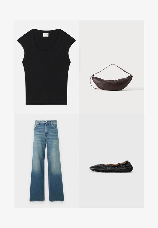 Sort ærmeløs top lavet af blødt stof med rund halsudskæring og tætsiddende pasform. Har et mærke med teksten "CLOSED" i halsen.; Blå jeans med høj talje, vide ben, forlommer, knappelukning og falmede detaljer på lår og underben.; Sort læder balletflade med samlet detaljering ved kraven, rund tå og fleksibel gummisål. Glat tekstur hele vejen igennem.; Mørkebrun læder skuldertaske i halvmåneform med buet rem og synlige syninger på ensfarvet baggrund.