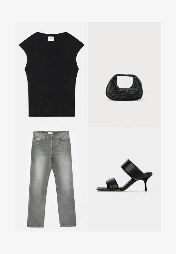Haut sans manches noir en tissu doux avec un col arrondi et une coupe ajustée. Présente une étiquette portant la mention "CLOSED" au niveau du cou.; RE/DONE EASY - Jean droit - grigio; Sandale mule en cuir noir avec deux larges brides et un talon stiletto fin de hauteur moyenne sur un fond clair uni.; Sac hobo tissé noir avec une structure souple et une poignée intégrée, présenté sur un fond clair uni.