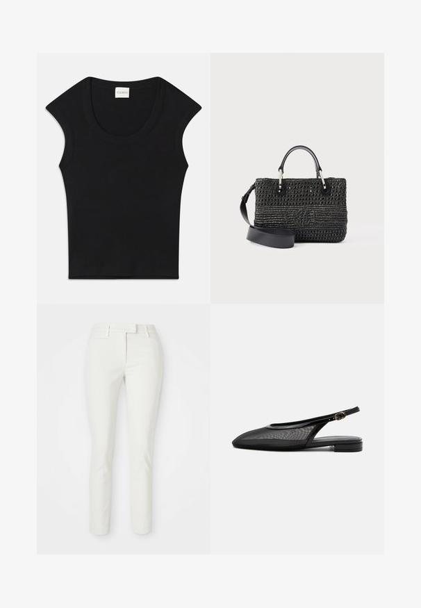 Haut sans manches noir en tissu doux avec un col arrondi et une coupe ajustée. Présente une étiquette portant la mention "CLOSED" au niveau du cou.; Pantalons blancs ajustés avec une texture lisse, des détails de poches subtils et une taille classique. Conçus pour un look soigné.; Chaussure plate noire à bride arrière, bout pointu, tige en mesh, bride à boucle réglable et petit talon empilé sur fond blanc.; Sac à main noir tissé avec deux poignées courtes, une large bandoulière en cuir amovible, et un logo texturé subtil sur le devant.