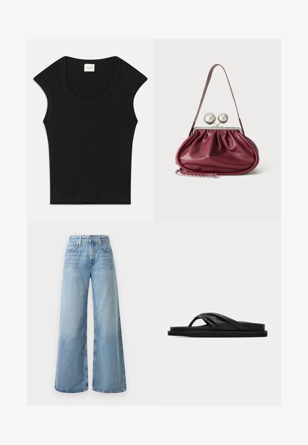 Must have mustamustelisest kangast sleeveless top, ümarate kaelustega ja sobiva lõikega. Kaeluses on silt, mille peal on kirjas "CLOSED".; Heledsinine teksariidest avara lõikega püksid kõrge vöökohaga, nelja taskuga, nööbikinnitusega ja kangas on kergelt pleekinud.; Mustad tasapõhjaline sandaal polstri ja ristkinnitusega ning varbavahe, minimalistlik disain helehallil taustal.; Väike burgundia nahast käekott kortsudetailidega, õhukese rihmaga ja kahe suure ringikujulise nööbiga hõbedane kinnitus.