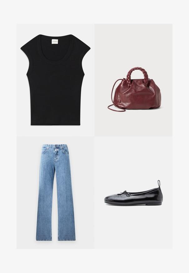 Sort ærmeløs top lavet af blødt stof med rund halsudskæring og tætsiddende pasform. Har et mærke med teksten "CLOSED" i halsen.; Lyseblå denim jeans med vid ben-design, fem lommer, bæltestropper og knaplukning. Stofmaterialet har en glat tekstur.; Sorte patenterede læder ballet flats med rund tå, lille sløjfedetalje og glat tekstur; har en lav flad sål og en træksløjfe ved hælen.; Burgundy lædertaske med et flet-håndtag, blød tekstur og en rund form. Har en aftagelig skulderrem for alsidighed.
