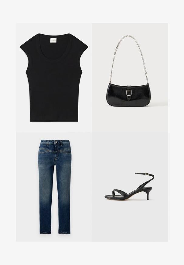Must have mustamustelisest kangast sleeveless top, ümarate kaelustega ja sobiva lõikega. Kaeluses on silt, mille peal on kirjas "CLOSED".; Tumedat sinisema denim-püksid otse lõikega, kerge pleekimisega, oranžade õmblustega ja nööpkinnitusega vöökohtades.; Mustast nahast naiste sandaal õhukeste rihmadega, varbaringi, pahkluu pandlaga ja keskmise kõrgusega kitsekontsaga neutraalsel taustal.; Mustast lakknahast õlakott, millel on hõbedane pandla detail ja hõbedane kettrihm, kuvatud ühevärvse hele tausta ees.