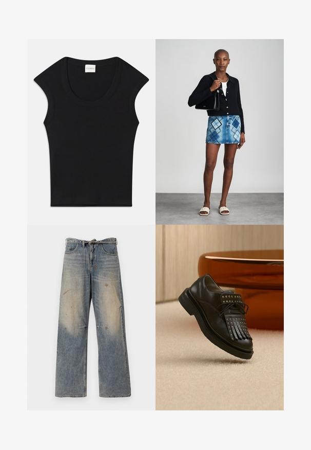 Zwarte mouwloze top van zachte stof met een ronde halslijn en een aangesloten pasvorm. Bevat een label met de tekst "CLOSED" aan de hals.; Lichtblauwe denim jeans met een losse, recht gesneden pasvorm. Voorzien van slijtageplekken, vervaging en distressed details bij de knieën. Klassiek five-pocket ontwerp.; Zwarte lederen veterlaars met decoratieve franjes en metalen studs geplaatst op een beige tapijt nabij bruin meubilair.; Zwarte gebreide cardigan, witte top, denimrok met blauw en zwart ruitpatroon, zwarte handtas en beige instapsandalen.