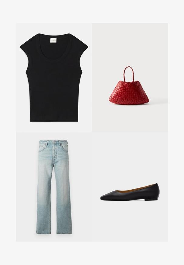 Must have mustamustelisest kangast sleeveless top, ümarate kaelustega ja sobiva lõikega. Kaeluses on silt, mille peal on kirjas "CLOSED".; Heledad denim teksad, otse jalgadega kujundusega, kõrge vöökoht, eesmine taskud ja pleekinud tekstuur. Lõpetatud peene tikandiga vöökohaga.; Mustast nahast terava ninaga madala kontsaga tasasel tallal king, nähtud küljelt helehallil taustal.; Punane punutud nahast käekott ümarate kolmnurkse kujuga ja kahe punutud sangaga valgel taustal.