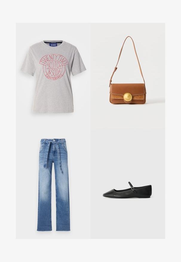 Lys grå bomuld t-shirt med rund halsudskæring, korte ærmer og et rødt grafisk print med teksten "TWENTY TWO SCOTCH & SODA AMSTERDAM."; Lysblå denimbukser med høj talje og vidde ben, med en bælte i taljen og et falmet vaskedesign.; Sorte læder balletflade med spids tå, flad sål og en lille spænde rem over anklen for en sikker pasform.; Brun skuldertaske i læder med justerbar strop, hvide syninger, præget mønster og stor rund guldlås på frontklappen.
