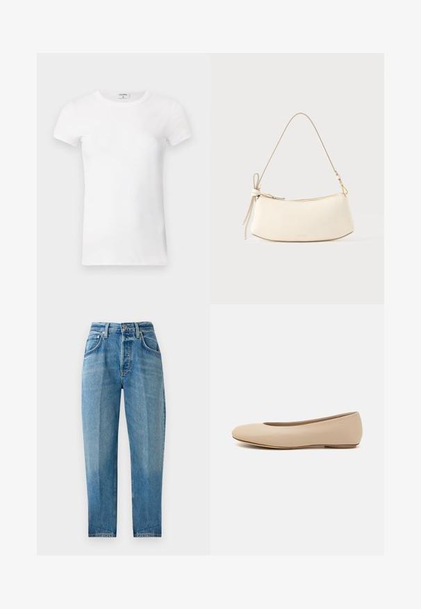 Hvid, stribet T-shirt med kortærmer og rund hals. Stoffet ser glat ud med en tætsiddende silhuet. Brandingmærke synligt ved kraven.; Lysblå denimbukser, lige ben, fem lomme design, affadet vask, lynlås foran med knaplukning og synlige syningsdetaljer.; Beige læder balletflade med afrundet tå, minimal sømdetaljering, lav hæl og subtilt logo på bagsiden. Glat, mat tekstur.; Hvid skuldertaske i læder med et buet design, guldfarvet hardware og en knyttet stropdetalje. Glat tekstur, lynlås lukning øverst.