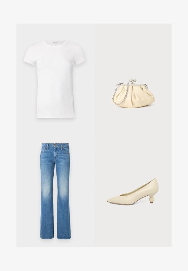 Hvid, stribet T-shirt med kortærmer og rund hals. Stoffet ser glat ud med en tætsiddende silhuet. Brandingmærke synligt ved kraven.; Lysblå fritidsbukser lavet af denim med et falmet design, fem-lomme stil og en knap- og lynlåslukning foran.; Kremfarvet damesko med spids snude og lav hæl, hvor hælen er rund og kugleformet, på en ensfarvet baggrund.; Plisseret beige læderclutch med en sølvmetalramme, der har to runde dekorative låse og en sølvkædetrasporte.