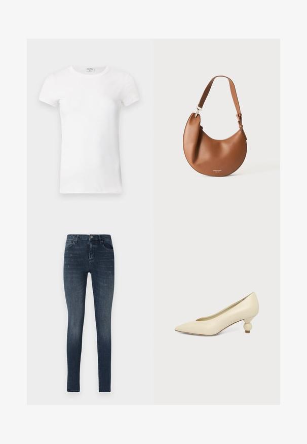 Hvid, stribet T-shirt med kortærmer og rund hals. Stoffet ser glat ud med en tætsiddende silhuet. Brandingmærke synligt ved kraven.; Slanke denim jeans i mørkeblå, med fem lomme-design, let slidser og en knaplukning i taljen.; Kremfarvet damesko med spids snude og lav hæl, hvor hælen er rund og kugleformet, på en ensfarvet baggrund.; Brun læder skuldertaske formet som en halvmåne med justerbar rem og lille sølv logo tekst i bunden midt.