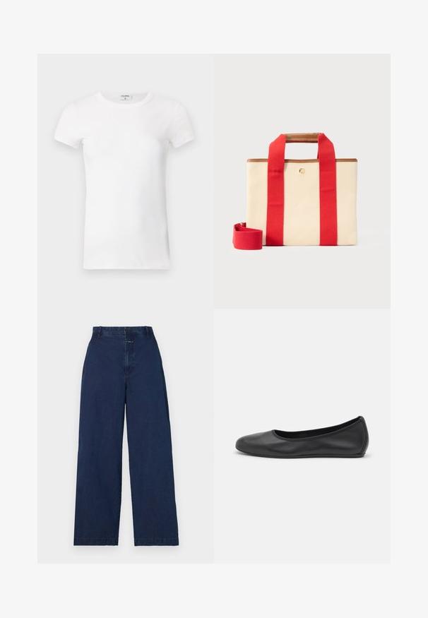 Hvid, stribet T-shirt med kortærmer og rund hals. Stoffet ser glat ud med en tætsiddende silhuet. Brandingmærke synligt ved kraven.; Bredde ben, mørkeblå denimbukser med høj talje, der har en frontlukning med knap og sidelommer. Blød tekstur med minimal detaljering.; Sort læderballetsko med rund tå, glat tekstur, minimal syning og et fleksibelt såldesign.; Beige rektangulær lærredstaske med brede røde stropper, brun læderkant og en aftagelig rød skulderrem på en lys baggrund.