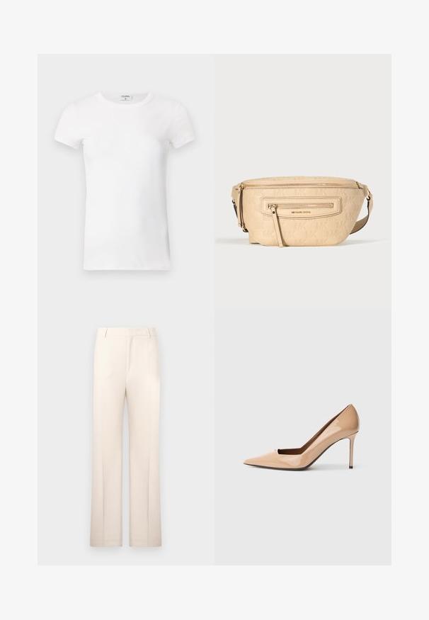 T-shirt à manches courtes blanc côtelé avec un col rond. Le tissu semble lisse avec une silhouette ajustée. Étiquette de marque visible au niveau du col.; Pantalons beige ajustés avec une coupe droite, fabriqués en tissu léger. Dotés de plis avant et d'une taille classique.; Escarpin nude en cuir verni avec bout pointu, détail découpé ouvert et talon stiletto fin pour une hauteur supplémentaire.; Sac banane en cuir beige embossé du logo "MK" répété, avec une poche avant zippée et une bandoulière réglable.