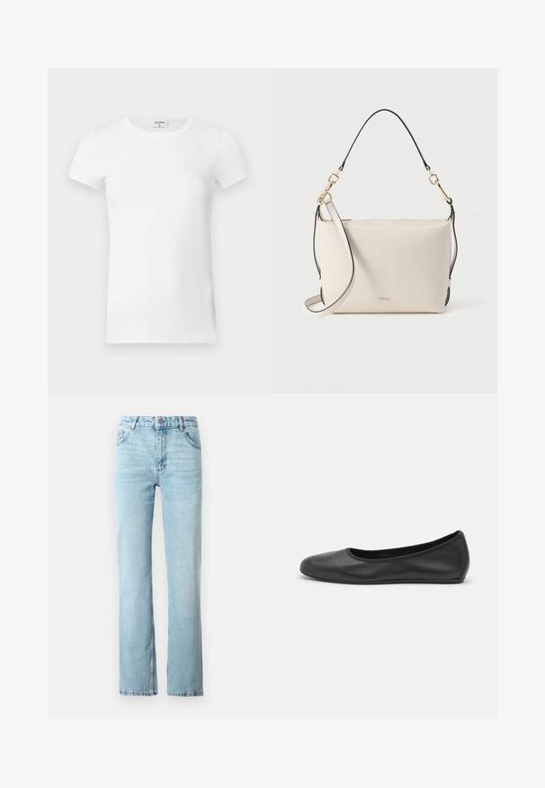 T-shirt à manches courtes blanc côtelé avec un col rond. Le tissu semble lisse avec une silhouette ajustée. Étiquette de marque visible au niveau du col.; Jeans en denim bleu clair avec une coupe droite, un design à cinq poches et un léger évasement à l'ourlet. Fini avec des coutures contrastantes.; Ballerines en cuir noir avec un bout rond, texture lisse, détails de couture minimalistes et design de semelle flexible.; Sac à main en cuir beige clair avec des accents noirs, une bandoulière réglable et une quincaillerie en or. Présente une texture lisse et un logo sur le devant.