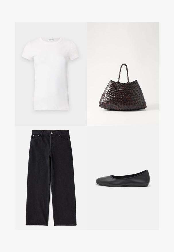 Wit geribd T-shirt met korte mouwen en een ronde hals. De stof lijkt glad met een getailleerde pasvorm. Logo zichtbaar op de kraag.; Zwarte denim wijd-uitlopende jeans met vijf zakken, knoopsluiting en zilverkleurige details. Heeft een schone, op maat gemaakte silhouet en een subtiele textuur.; Zwarte leren ballerina met een ronde neus, gladde textuur, minimale stikdetails en een flexibele zoolontwerp.; DRAGON DIFFUSION SANTA CROCE BIG - Handtas - dark brown