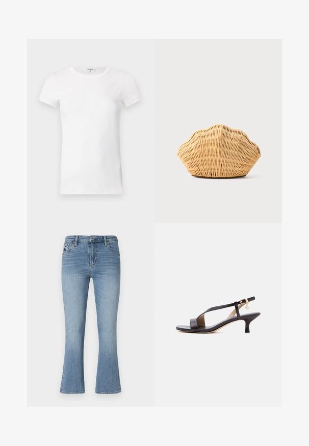 Camiseta blanca de manga corta y con cuello redondo, de tejido acanalado. La tela parece suave y tiene una silueta ajustada. Etiqueta de marca visible en el cuello.; Jeans de campana en azul claro, hechos de mezclilla. Presenta una cintura de media altura, cinco bolsillos y trabillas para cinturón. Detalles de desgaste y costuras visibles.; Sandalia de tacón tipo kitten de cuero negro con punta abierta, tira diagonal, hebilla en el tobillo y pequeño charm dorado sobre fondo blanco.; Bolso de mano de ratán tejido con forma de concha de vieira, de color marrón claro natural y bordes redondeados y texturizados.
