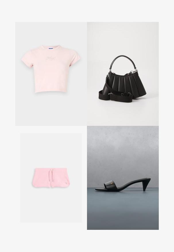 Korte roze T-shirt van katoen, met korte mouwen en een klein zilveren "Hug"-tekstontwerp op de borst. Gladde textuur, ronde halslijn.; Roze shorts van zachte stof, met een koord met zilverkleurige tips en een klein geborduurd logo in de rechterbenedenhoek.; Zwarte leren open-teen sandaal met hak en een gouden logo op het bandje, zwevend boven een betegeld buitenoppervlak met groen op de achtergrond.; Zwarte geplooide handtas met een ronde handgreep, verstelbare schouderriem en glanzende textuur. Heeft zilveren hardware en een gestructureerde silhoutte.