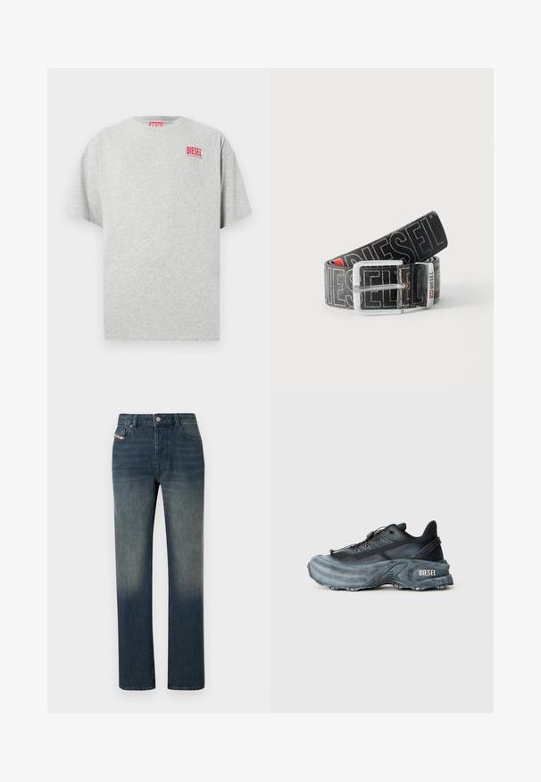 Grijs katoenen T-shirt met een ronde hals en korte mouwen. Voorzien van een klein rood "DIESEL" logo op de borst. Soepele textuur.; Blauwe denim jeans met rechte pijpen, een vervaagde wassing, knoop- en ritssluiting aan de voorkant, en een ontwerp met vijf zakken.; Zwarte en grijze Diesel sneakers met dikke zool, vetersluiting en gestructureerd ontwerp op een effen lichtgrijze achtergrond.; Zwarte Diesel-riem met grote witte logotekst, rechthoekige zilveren gesp en merkmetal lusdetail, opgerold op een lichte achtergrond.