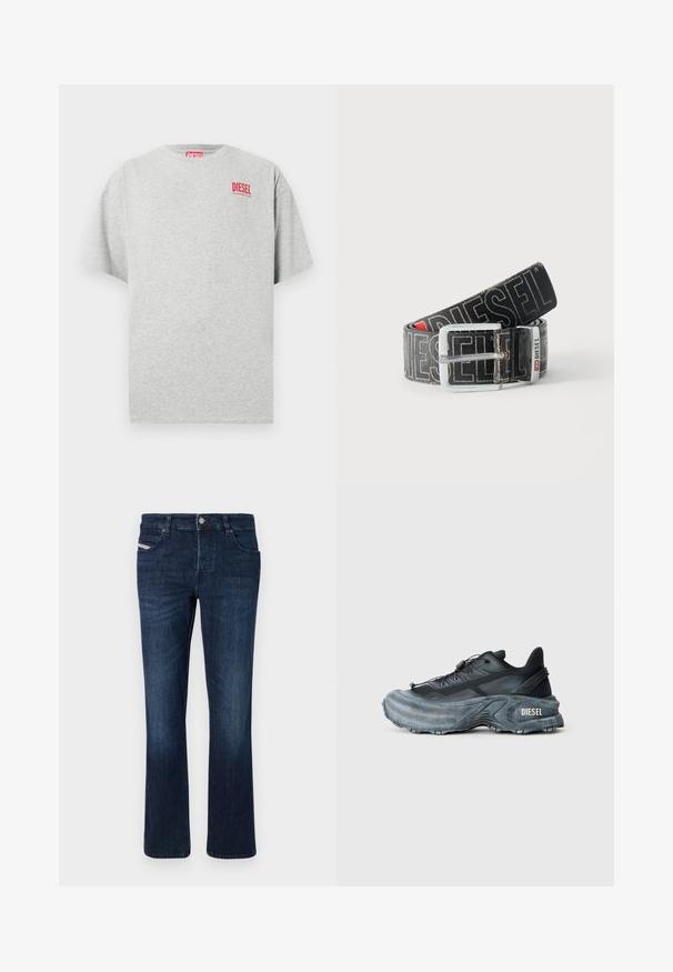 Grå bomuld t-shirt med rund hals og korte ærmer. Har et lille rødt "DIESEL" logo på brystet. Glat tekstur.; Mørkeblå denimjeans med lige ben. Har fem lommer, metalknaplukning og diskret syninger på baglommen.; Sort og grå Diesel sneakers med tyk sål, snørrebåndslukning og tekstureret design på en ensfarvet lysegrå baggrund.; Sort Diesel-bælte med stor hvid logo tekst, rektangulært sølvspænde og brandet metal-loop detalje, rullet sammen på en lys baggrund.