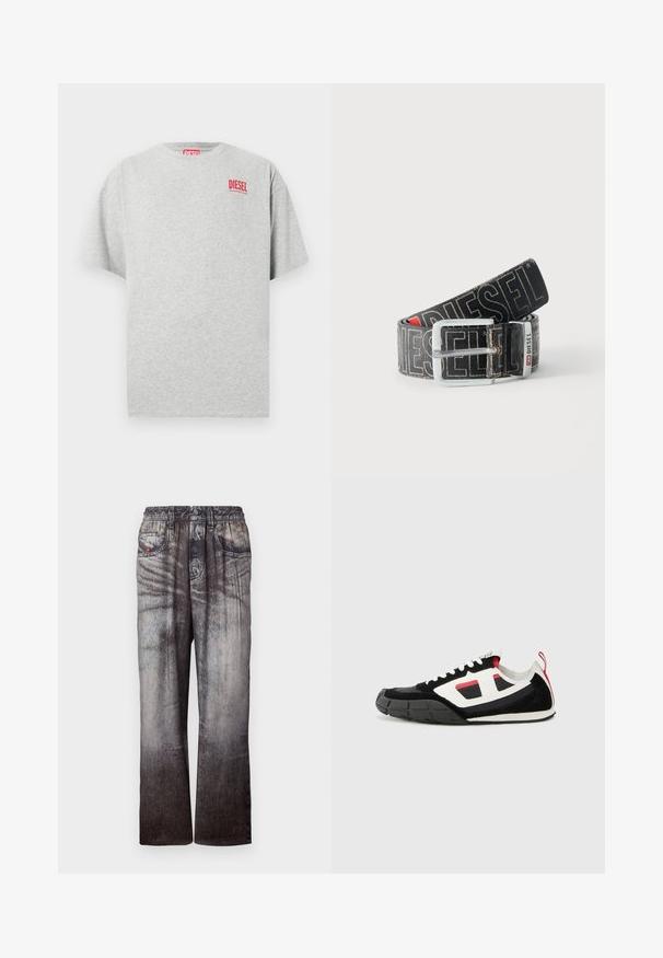 Graues Baumwoll-T-Shirt mit rundem Ausschnitt und kurzen Ärmeln. Mit einem kleinen roten "DIESEL"-Logo auf der Brust. Glatte Textur.; Jeans mit einem verblassten Blau-zu-Grau-Gradient, elastischem Bund und seitlichen Taschen. Sie besitzen eine strukturierte Oberfläche mit subtilem Nähen.; Diesel S PAGODHA LOW - Sneaker low - black; Schwarzer Diesel-Gürtel mit großem weißen Logotext, rechteckiger silberner Schnalle und gebrandetem Metallschlaufen-Detail, aufgewickelt auf hellem Hintergrund.