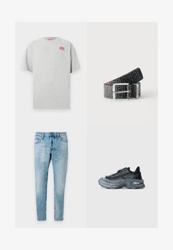 Graues Baumwoll-T-Shirt mit rundem Ausschnitt und kurzen Ärmeln. Mit einem kleinen roten "DIESEL"-Logo auf der Brust. Glatte Textur.; Helle blaue Denim-Jeans im Slim-Fit mit Fronttaschen und Knopfverschluss. Der Stoff hat eine weiche, strukturierte Oberfläche.; Schwarz- und graue Diesel-Sneaker mit dicker Sohle, Schnürverschluss und strukturiertem Design auf einem schlichten hellgrauen Hintergrund.; Schwarzer Diesel-Gürtel mit großem weißen Logotext, rechteckiger silberner Schnalle und gebrandetem Metallschlaufen-Detail, aufgewickelt auf hellem Hintergrund.