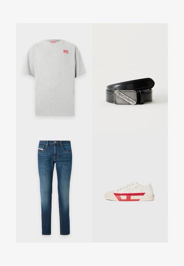 T-shirt en coton gris avec un col rond et des manches courtes. Présente un petit logo rouge « DIESEL » sur la poitrine. Texture lisse.; Jean en denim bleu foncé avec un léger délavage, coupe droite, cinq poches et des détails de couture contrastés.; Baskets en toile avec un dessus blanc, des accents en caoutchouc rouge et un design texturé. Elles présentent une tête arrondie et cinq œillets pour les lacets.; Ceinture en cuir noir avec une boucle rectangulaire argentée portant le texte gravé "Diesel Industry Denim Division" sur un fond clair à rayures.