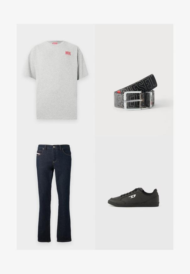 Grijs katoenen T-shirt met een ronde hals en korte mouwen. Voorzien van een klein rood "DIESEL" logo op de borst. Soepele textuur.; Navyblauwe denim jeans met een rechte snit, voorzien van oranje stiksels, een metalen knoopsluiting en een klein logo op de achterzak.; Zwarte sneakers van synthetisch materiaal met een geribbelde zwarte zool, ronde neus en vlakke zwarte veters. Opvallend wit logomerk aan de buitenzijde.; Zwarte Diesel-riem met grote witte logotekst, rechthoekige zilveren gesp en merkmetal lusdetail, opgerold op een lichte achtergrond.