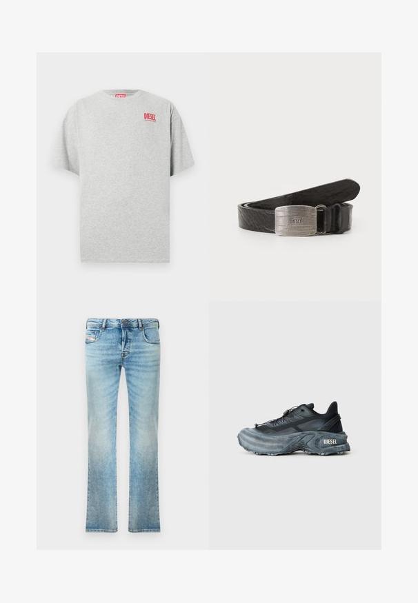 Grå bomuld t-shirt med rund hals og korte ærmer. Har et lille rødt "DIESEL" logo på brystet. Glat tekstur.; Lysblå denimjeans med lige ben, femlommesdesign og let slid. Inkluderer metalknap og lynlås lukning.; Sort og grå Diesel sneakers med tyk sål, snørrebåndslukning og tekstureret design på en ensfarvet lysegrå baggrund.; Sort læderbælte med en struktureret overflade, der har en rektangulær spænde i sølvfarve med indgraveret brandnavn. Glatte kanter, klassisk design.