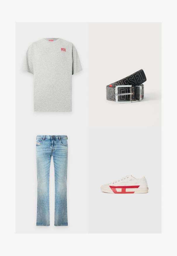 Graues Baumwoll-T-Shirt mit rundem Ausschnitt und kurzen Ärmeln. Mit einem kleinen roten "DIESEL"-Logo auf der Brust. Glatte Textur.; Helleblaue Denim-Jeans mit geradem Schnitt, Fünf-Taschen-Design und leichter Ausbleichung. Mit metallischem Knopf und Reißverschlussverschluss.; Leinensneaker mit weißem Obermaterial, roten Gummidetails und einem strukturierten Design. Verfügt über eine runde Zehenpartie und fünf Ösen für die Schnürsenkel.; Schwarzer Diesel-Gürtel mit großem weißen Logotext, rechteckiger silberner Schnalle und gebrandetem Metallschlaufen-Detail, aufgewickelt auf hellem Hintergrund.