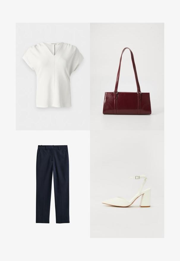 Blouse blanche à manches courtes avec encolure en V et détail subtil de couture centrale, confectionnée dans un tissu lisse et léger.; Pantalon formel homme bleu marine foncé avec passants pour ceinture, poches latérales et fermeture éclair à l'avant, présenté à plat sur fond blanc.; Sandale blanche à talon avec un bout pointu, sangle de cheville réglable et un talon carré épais. Texture lisse avec des détails de couture minimaux.; Sac à main bordeaux en matériau brillant, de forme rectangulaire, avec deux anses et des accents légèrement courbés à l'avant.
